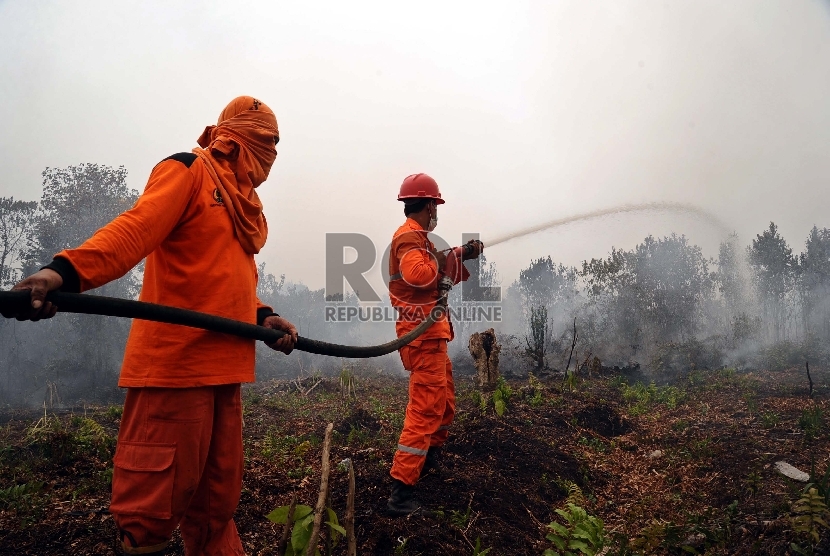  Petugas Manggala Agni berupaya memadamkan api yang membakar lahan gambut di kawasan Rimbo Panjang, Tambang, Kampar, Riau, Selasa (1/9).   (Republika/Tahta Aidilla)