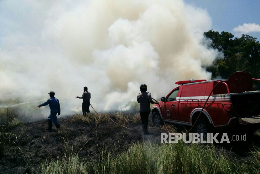 Petugas Manggala Agni Daops Tinanggae melakukan pemadaman kebakaran hutan dan lahan di Desa Lantari, Kecamatan Tinanggea, Kabupaten Bombana.