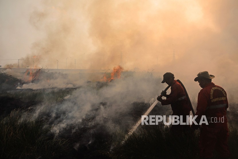 Petugas Manggala Agni memadamkan kebakaran lahan gambut di Desa Muara Baru, Ogan Ilir, Sumatera Selatan, Jumat (23/8/2019). 