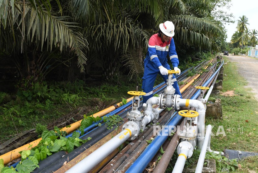 Petugas melakukan pemeriksaan pipa jaringan milik PT Pertamina EP Asset 1 Field Rantau di area Stasiun Pengumpul (SP) 8, Alur Bemban, Aceh Tamiang, Aceh. (ilustrasi)