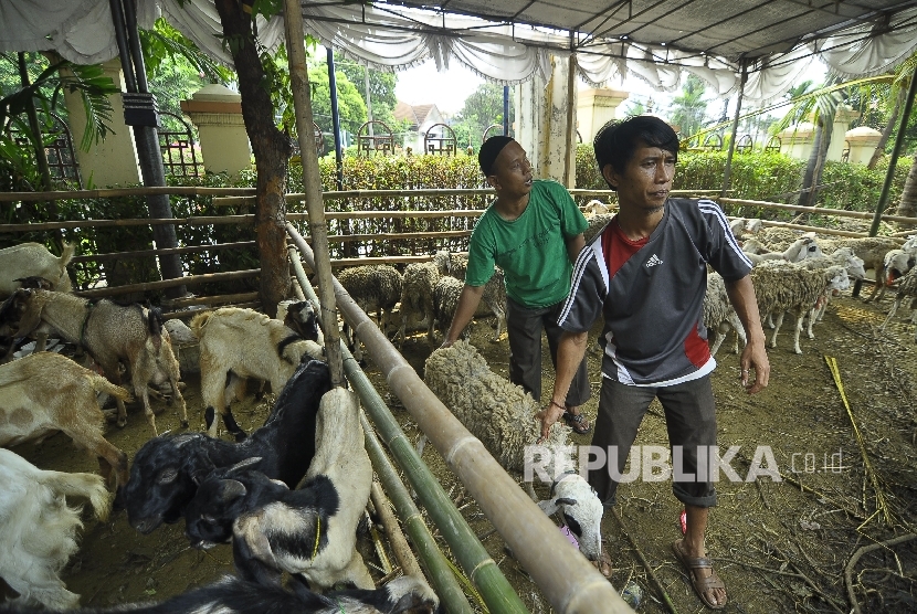   Petugas membawa hewan kurban kambing untuk siap dipotong di Masjid Agung Sunda Kelapa, Jakarta, Jumat (1/9). 