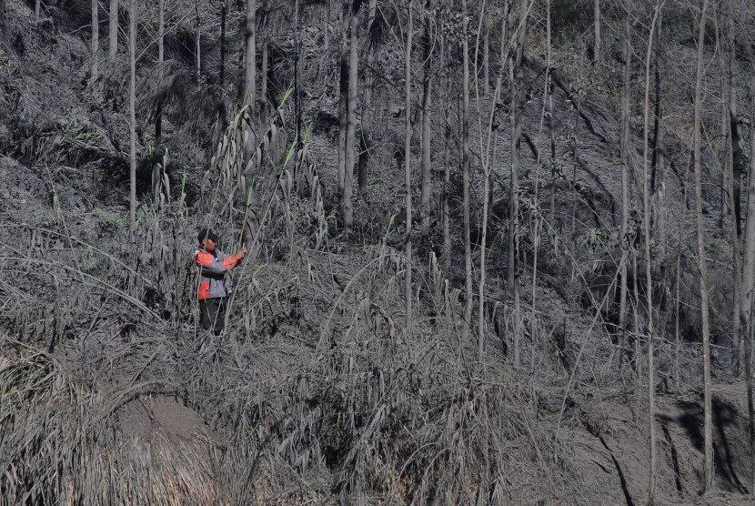 Petugas memeriksa kondisi di sekitar kawah Sileri pasca letusan Freatik di kawasan dataran tinggi Dieng Desa Kepakisan, Batur, Banjarnegara, Jateng, Rabu (5/7).