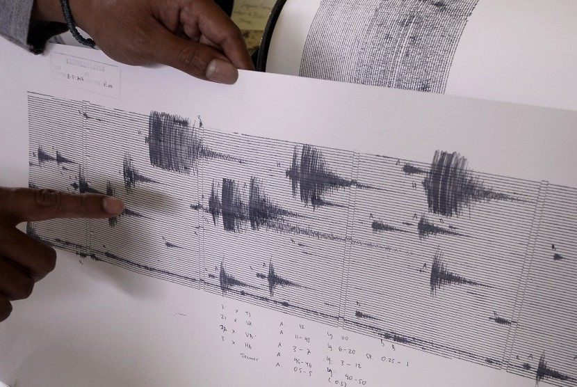 Petugas memperlihatkan grafik seismograf aktifitas vulkanik di pos pengamatan Gunung Lokon Pusat Vulkanologi dan Mitigasi Bencana Geologi (PVMBG) di Tomohon, Sulawesi Utara, Kamis (10/3). 