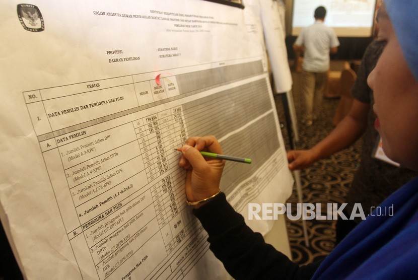 Petugas mencatat perolehan suara saat rapat pleno terbuka rekapitulasi penghitungan hasil perolehan suara pemilu tahun 2019 tingkat provinsi Sumatera Barat, Padang, Ahad (12/2019) pagi.