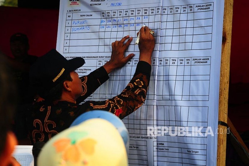 Petugas mencatat suara saat perhitungan suara pada pemilihan kepala desa (Pilkades) serentak 