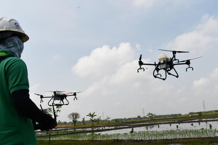 Petugas menerbangkan Drone Maxxi Antareja yang merupakan drone penyemprot tanaman padi di areal persawahan yang digunakan mitra petani PT Maxxi Tani Teknologi di Kabupaten Ngawi, Jawa Timur. Direktorat Jendral Perhubungan Udara Kementerian Perhubungan (Kemenhub) meresmikan Penggunaan Aplikasi Sistem Registrasi Drone, Pilot Drone dan Persetujuan Pengoperasian Drone (SIDOPI-GO) dan Aplikasi Sistem Pendaftaran Pesawat Udara Indonesia (SIPUDI) hari ini (14/6/2022). 