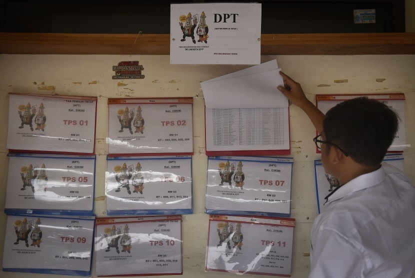 Petugas mengamati pengumuman Daftar Pemilih Tetap (DPT) Pilkada 2017 di Kelurahan Cikini, Jakarta, Jumat (23/12). 