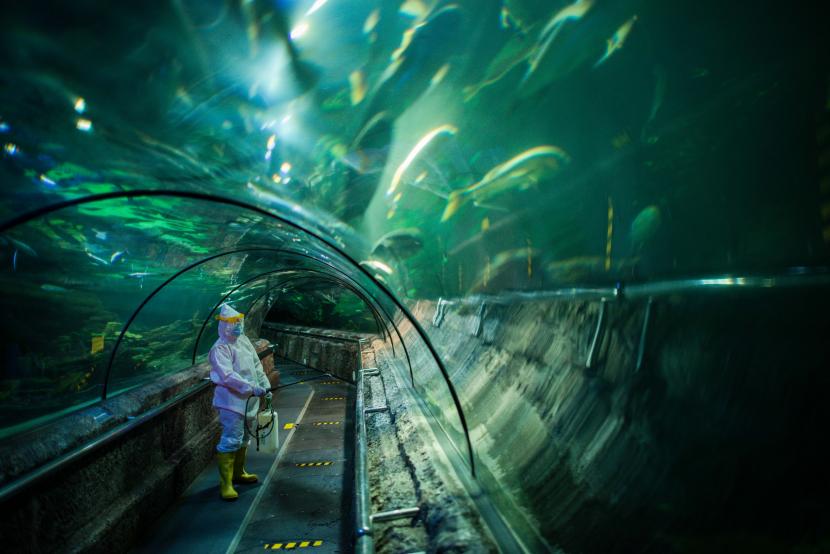 Petugas mengenakan pakaian pelindung diri menyemprotkan cairan disinfektan di area unit rekreasi Sea World Ancol, Jakarta.