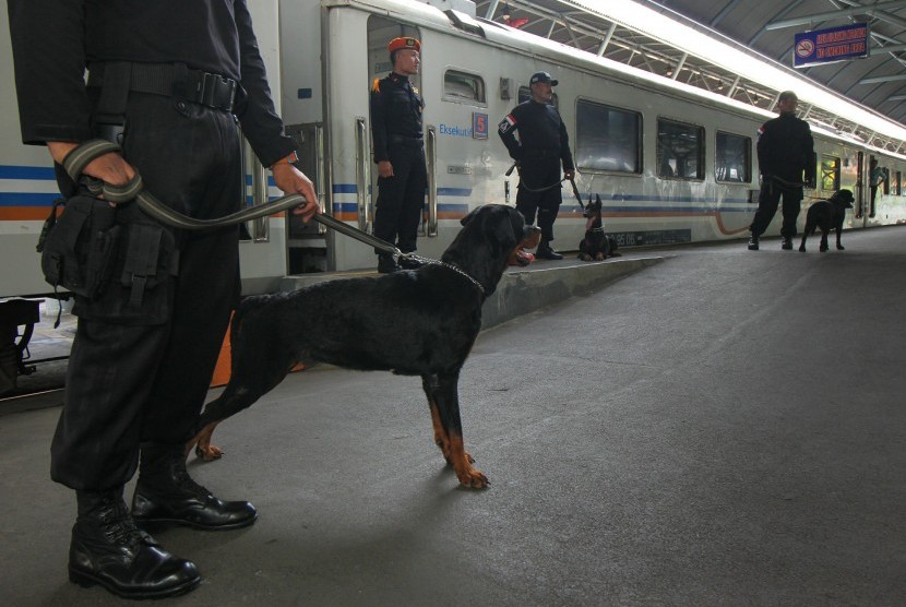 Petugas menggunakan anjing pelacak berjaga di stasiun.