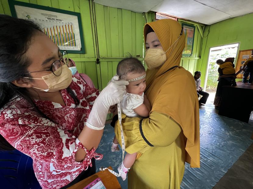 Petugas mengukur lingkar kepala bayi untuk memantau pertumbuhan anak saat Pos Pelayanan Terpadu (Posyandu) di Palu, Sulawesi Tengah, Kamis (2/6/2022). Wakil Presiden Ma