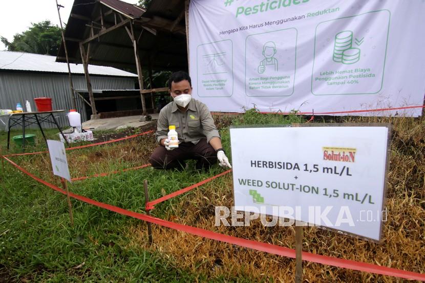Petugas menunjukan hasil penggunaan produk herbisida . Sebanyak 100 ribu liter produk pertanian Herbisida yang diproduksi oleh PT Pandawa Agri Indonesia mulai memasuki pasar ekspor melalui produk unggulannya Weed Solut-Ion yang diklaim ramah lingkungan karena dapat mengurangi penggunaan pestisida hingga 50 persen. 