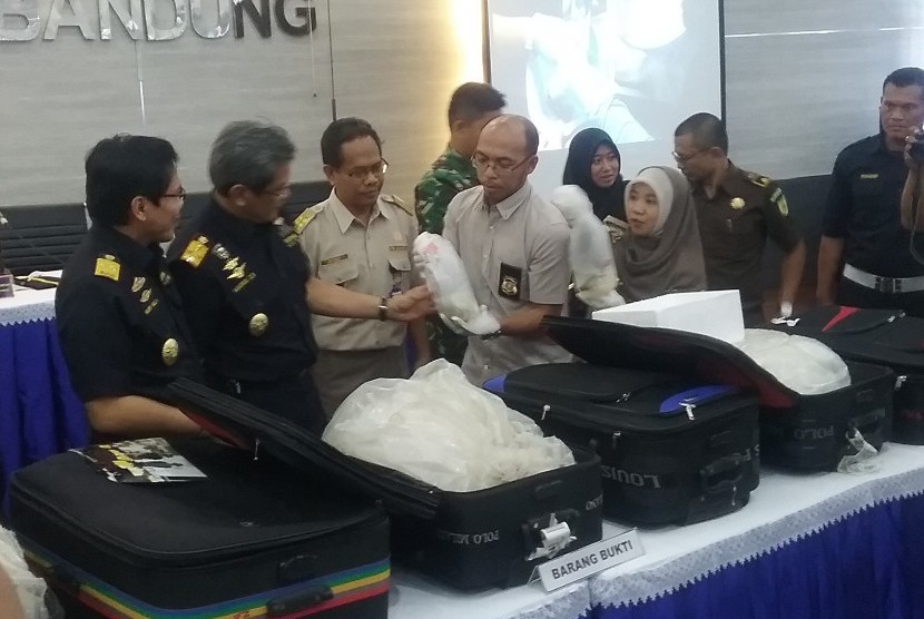 Petugas menunjukkan kantong plastik berisi bibit lobster yang akan diselundupkan ke Singapura di kantor Bea Cukai Bandung, Rabu (28/10).