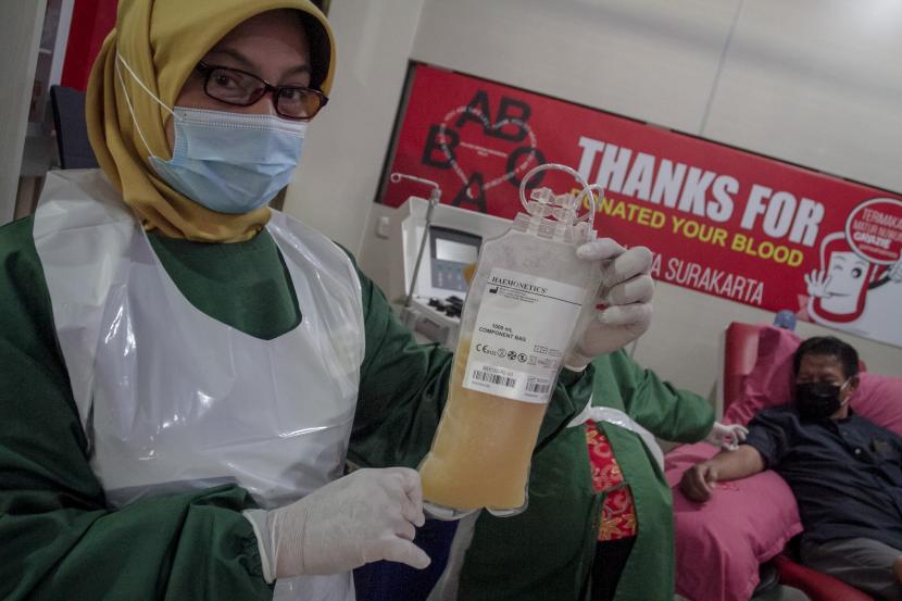 Petugas Palang Merah Indonesia (PMI) menunjukkan plasma konvalesen dari pendonor penyintas COVID-19 di PMI Solo, Jawa Tengah, Kamis (8/7/2021). Menurut data PMI Solo hingga 8 Juli 2021 antrean plasma konvalesen mencapai 280 nomor, sedangkan stok ketersediaan kosong, sehingga PMI Solo berharap penyintas COVID-19 mau mendonorkan plasma konvalesen untuk terapi penyembuhan pasien COVID-19 yang sedang dalam perawatan. 