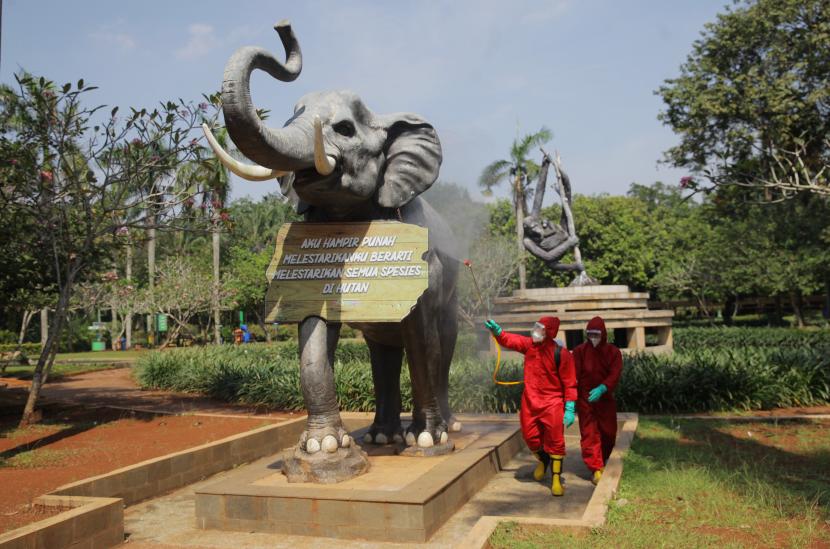 Petugas Pemadam Kebakaran (Damkar) menyemprotkan cairan disinfektan di lingkungan Taman Margasatwa Ragunan (TMR) Jakarta.