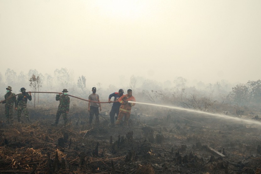     Petugas pemadam kebakaran dibantu personil TNI dan Polri berusaha memadamkan lahan gambut yang terbakar di Rimbo Panjang, Kampar, Riau, Sabtu (5/9).