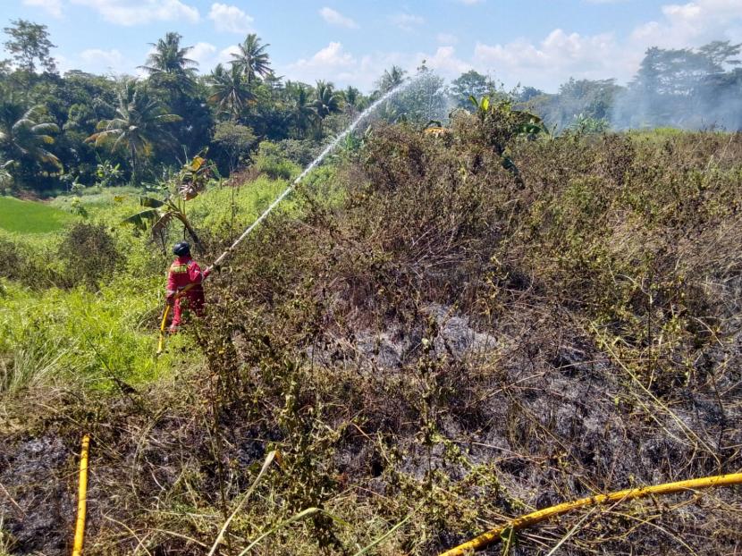 Petugas pemadam kebakaran Kabupaten Kuningan sedang memadamkan kebakaran lahan di Desa Pagundan, Kecamatan Lebakwangi, Kabupaten Kuningan, Kamis (25/5/2023). 