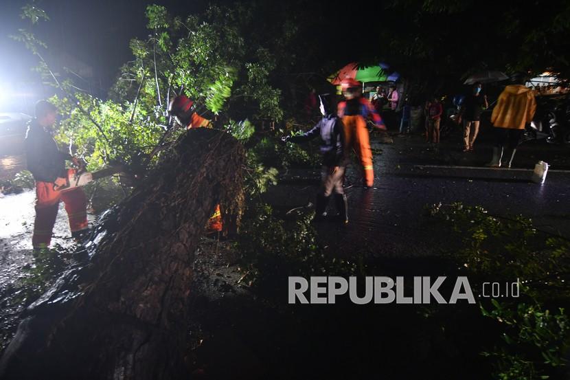 Petugas memindahkan pohon tumbang yang menutupi badan jalan (ilustrasi) 