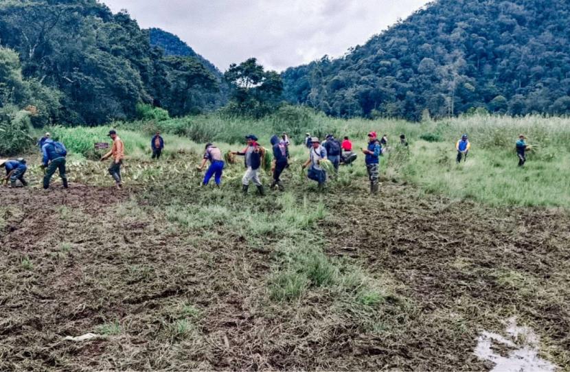 Penanaman bibit tanaman di kawasan Ranca Upas, Ciwidey, Kabupaten Bandung, Jawa Barat, di area yang mengalami kerusakan akibat ajang motor trail. 