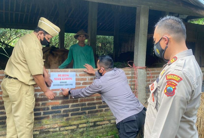 Petugas Polsek Kaliwungu dan Kecamatan Kaliwungu memasang rambu peringatan di kandang milik warga di Kecamatan kaliwungu, Kabupaten Semarang. Pemasangan rambu peringatan ini untuk mencegah penyebaran PMK pada hewan ternak.