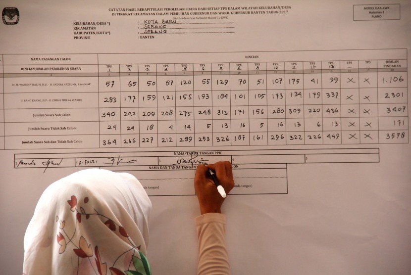 Petugas PPK (Panitia Pemilihan Kecamatan) sedang mencatat rekapitulasi suara saat rapat pleno penghitungan suara (ilustrasi)