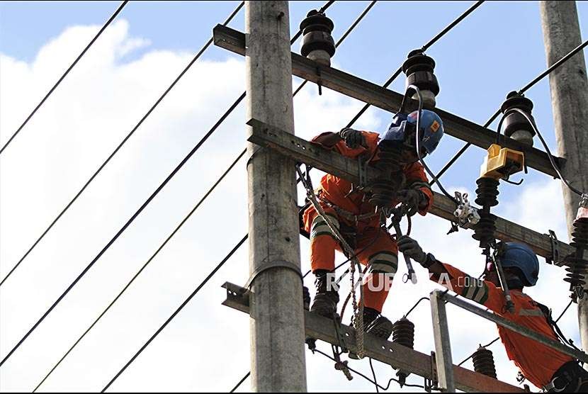 Petugas PT PLN (Persero) cabang Kendari melakukan pemeliharaan jaringan listrik di perbatasan Kendari dan Kabupaten Konawe, Kendari, Sulawesi Tenggara, Selasa (28/8). Pemerintah menganggarkan subsidi energi sebesar Rp 156,5 triliun pada RAPBN tahun 2019 