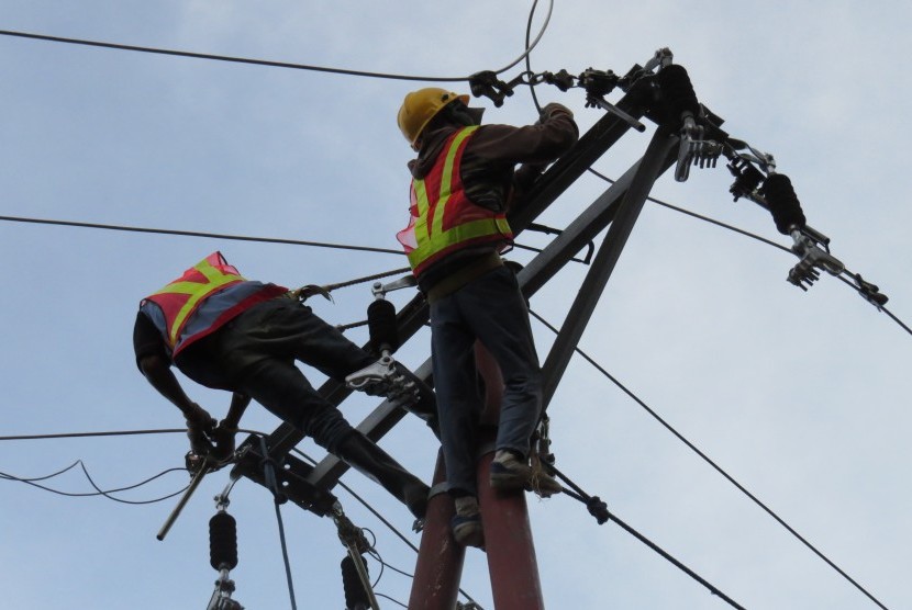 Petugas sedang memperbaiki jaringan listrik