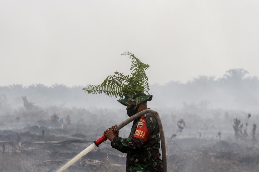 Petugas TNI dari Kodim 0313 Kampar menyemprot air untuk memadamkan kebakaran lahan gambut di Desa Rimbo Panjang, Kabupaten Kampar, Riau.