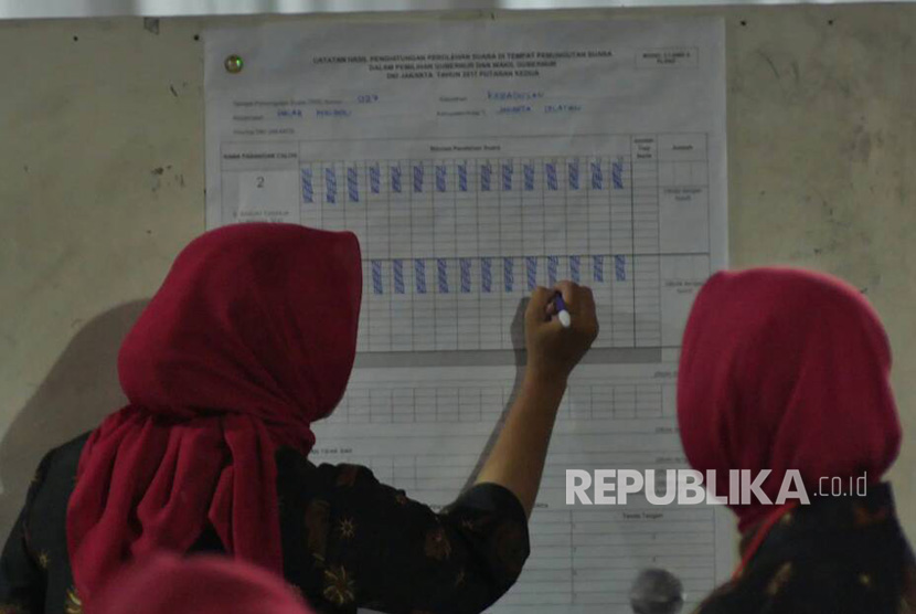 Petugas TPS 027 Kebagusan menghitung ulang surat suara. Di tempat Megawati mencoblos ini pada perhitungan sebelumnya Anies unggul 294 suara atas Ahok 252 suara