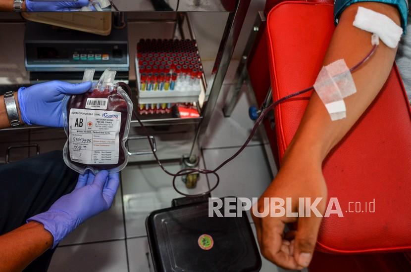 Petugas Unit Transfusi Darah Palang Merah Indonesia (PMI) mengambil darah dari pendonor 