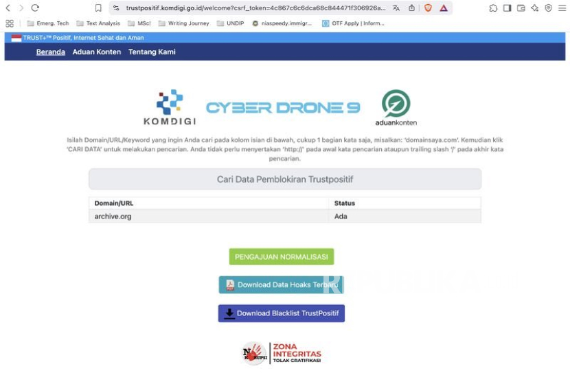 Platform Internet Archive (Archive.org) diblokir Kemenkomdigi.