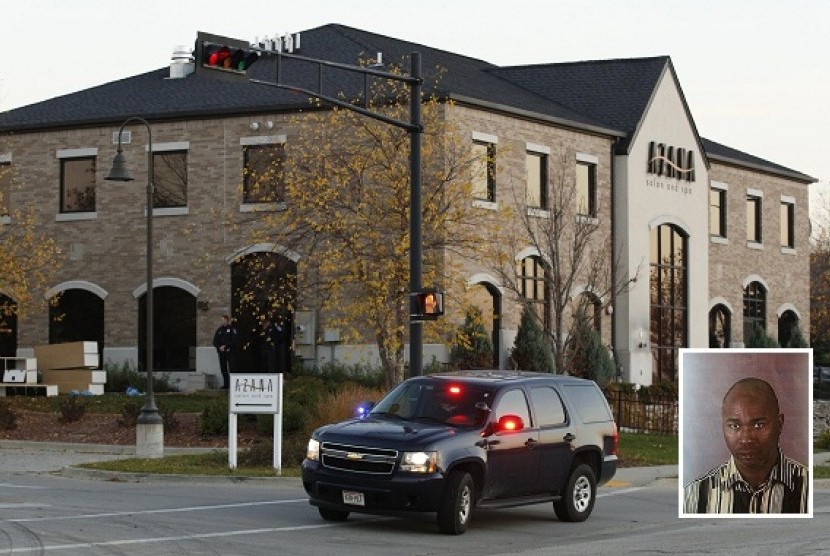 Police guard the Azana Salon and Spa in Brookfield, Wisconsin, October 21, 2012, where three people were killed and at least four injured in a shooting, Brookfield Police Chief Daniel Tushaus said at a news conference. Insert: Radcliffe Haughton (45 years)