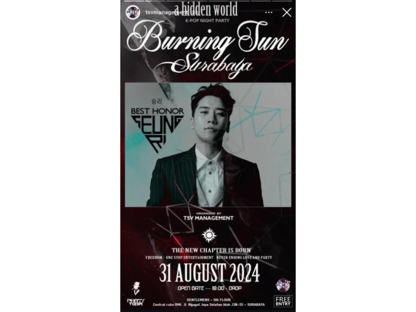 Poster Burning Sun Surabaya yang diduga mencatut nama Seungri. Seungri membantah kehadirannya dan menyatakan akan mengambil tindakan hukum.