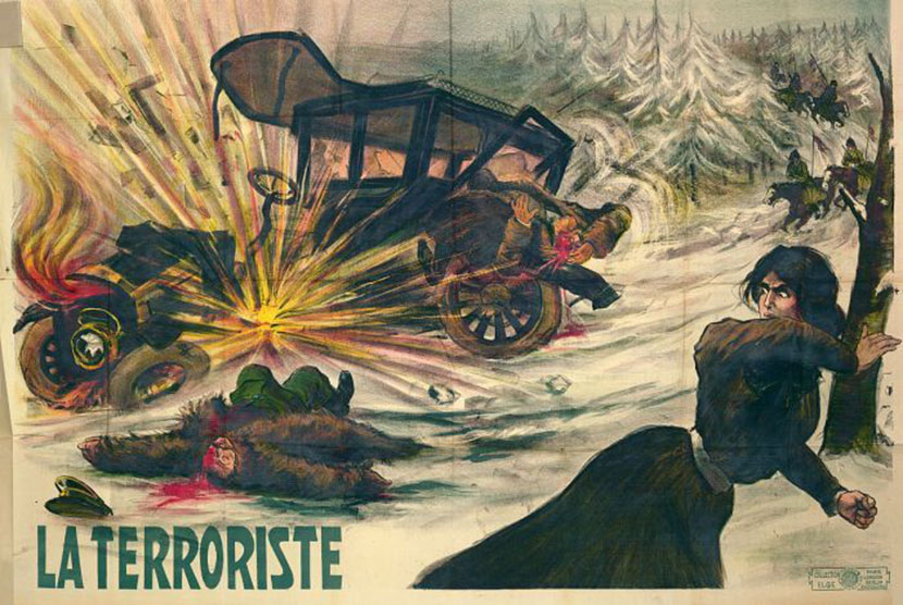 Poster dari tahun 1910 menggambarkan anggota Partai Sosialis Polandia melempar bom ke mobil pejabat Rusia.