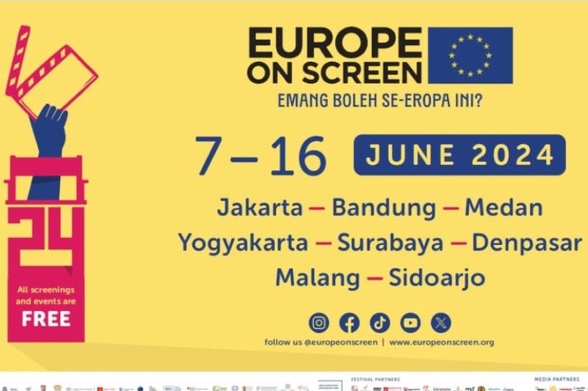 Poster Festival Europe on Screen atau eos. Acara yang menayangkan film-film dari Eropa secara gratis ini akan digelar di Indonesia pada 7-16 Juni 2024.