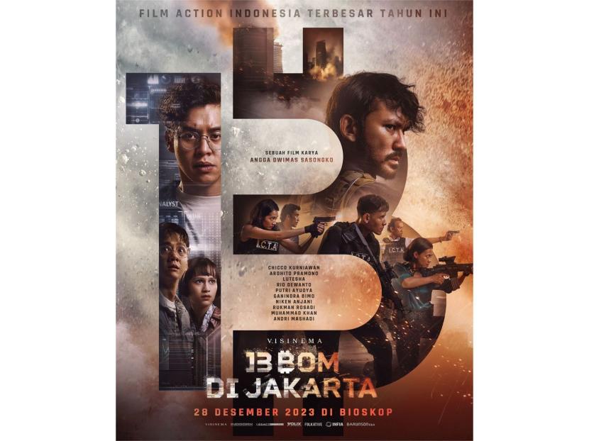 Poster film 13 Bom di Jakarta. Rumah produksi 13 Bom di Jakarta, Visinema, bekerja sama dengan Barunson E&A yang merupakan penghasilm film Parasite.