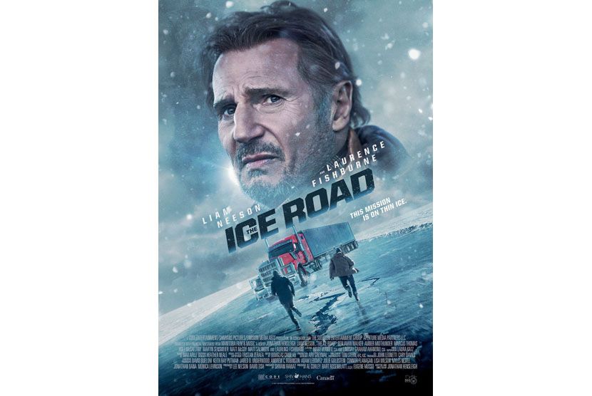Poster film Ice Road yang dibintangi Liam Neeson, Laurence Fishburne, Benjamin Walker, Amber Midthunder, Marcus Thomas, Holt McCallany, dan Martin Sensmeier. 