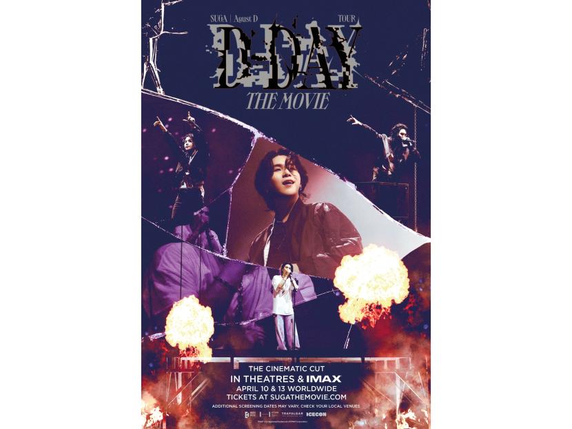 Poster film konser Suga BTS D-Day The Movie. Film ini akan tayang di bioskop mulai April 2024.