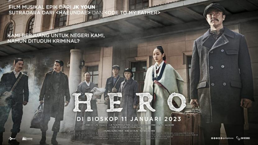 Poster film musikal Korea, Hero. Film yang menggambarkan perjuangan Ahn Jung-geun dalam membantu kemerdekaan Korea Selatan ini tayang mulai 11 Januari 2023.