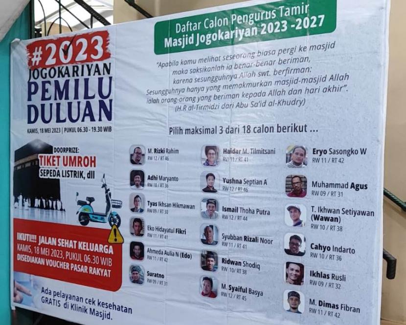Poster kandidat calon pengurus takmir Masjid Jogokariyan Yogyakarta.