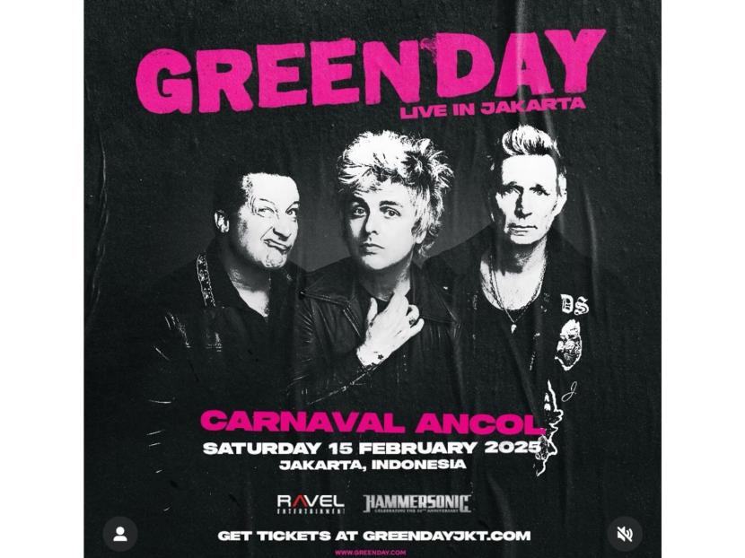 Poster konser Green Day di Indonesia. Green Day akan menggelar konser pada 15 Februari 2025 di Carnaval Ancol, Jakarta.