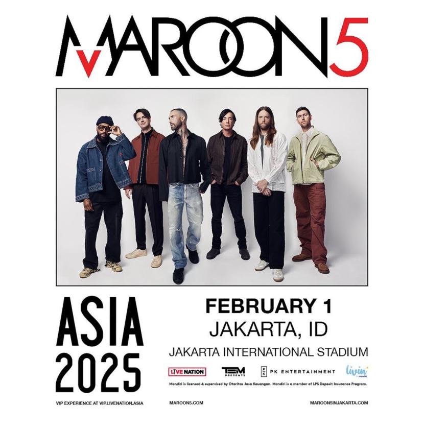 Poster pengumuman konser Maroon 5 yang diunggah promotor PK Entertainment. Band Maroon 5 dijadwalkan menggelar konser di Indonesia pada 1 Februari 2025 di Jakarta International Stadium (JIS), Jakarta.