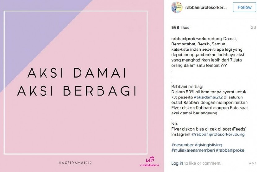Pengumuman potongan harga dari akun Instagram Rabbani bagi peserta aksi 212.