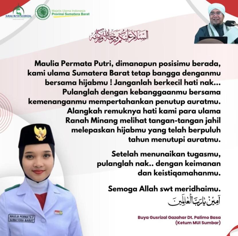 Postingan Ketua MUI Sumbar tentang pergantian Maulia Permata Putri