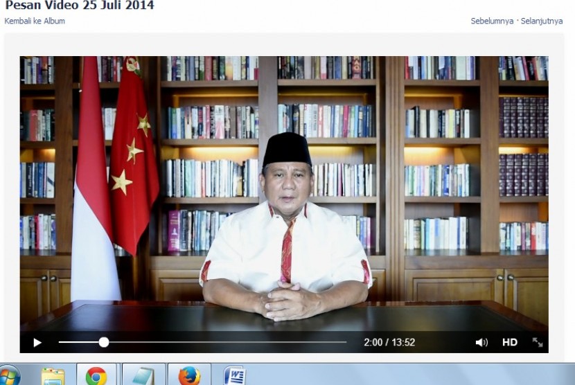 Prabowo Subianto dalam video yang diunggah di akun Facebook-nya