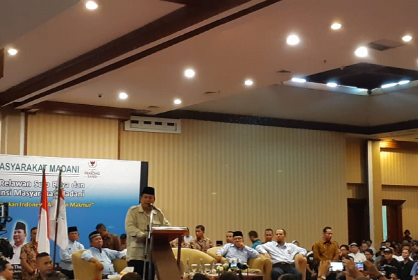 Prabowo Subianto menghadiri acara Silaturahmi Relawan Prabowo-Sandi Solo Raya dan Deklarasi Aliansi Masyarakat Madani (AMM) di Solo, Jateng