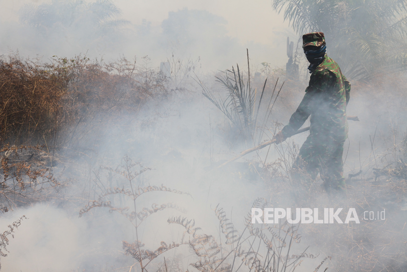 Prajurit TNI dari Kodim 0105 Aceh Barat memadamkan api dengan cara manual di kawasan lahan gambut yang terbakar di Desa Suak Raya, Johan Pahlawan, Aceh Barat, Aceh, Selasa (25/7). 