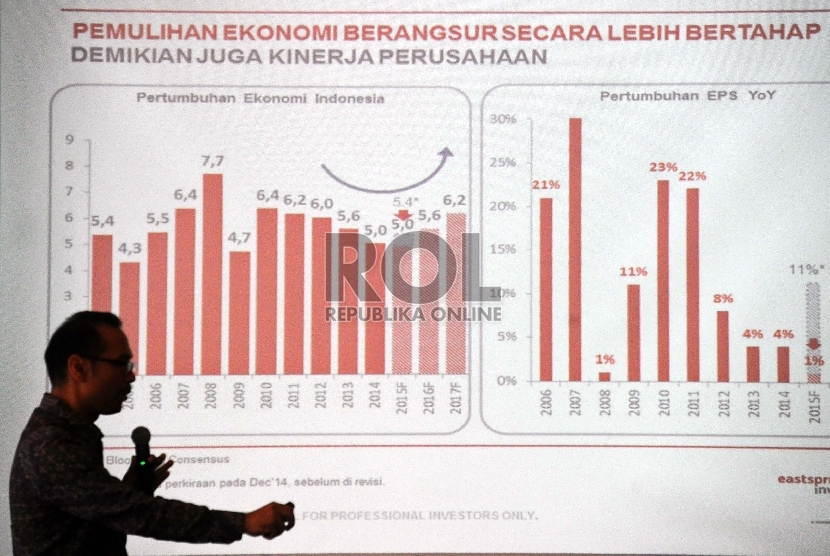 Presdir Eastpring Investments Indonesia Riki Frindos berikan paparan dalam diskusi bertajuk Global dan Local Market Update 2nd Half 2015 di Jakarta, Kamis (13/8). 