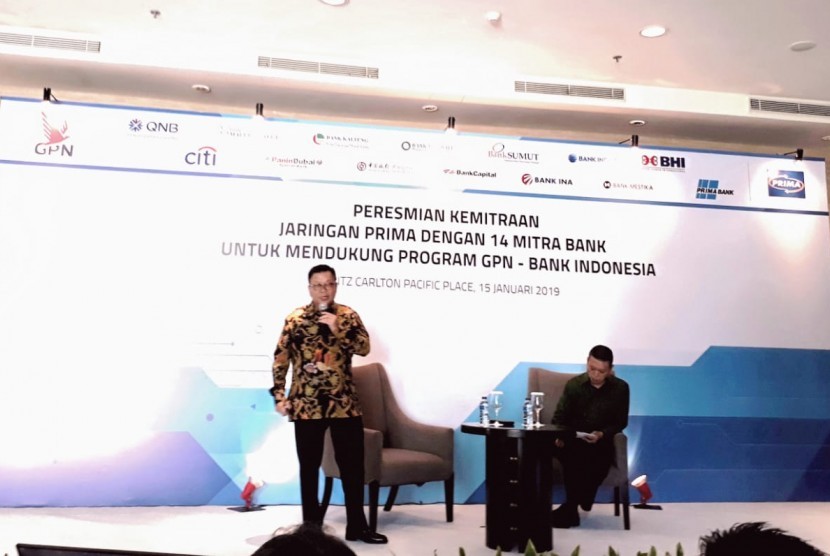 Presiden Direktur PT Rintis Sejahtera, Iwan Setiawan dalam Peresmian Kemitraan Jaringan PRIMA dengan 14 Mitra Bank untuk Mendukung Program GPN-Bank Indonesia di Ritz Carlton, Pasific Place, Selasa (15/1).