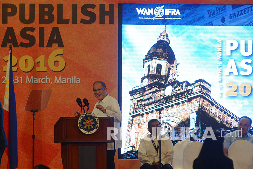 Presiden Filipina Benigno S. Aquino III membuka konferensi World Assiciation of Newspaper and News Publisher (Wanifra) di Manila Hotel, Filipina, Rabu (30/3). (Republika/Raisan Al Farisi)