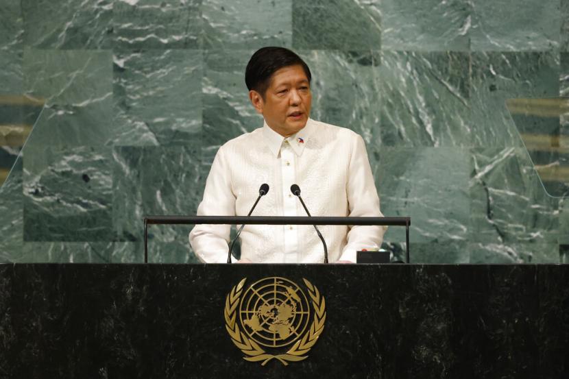 Presiden Filipina Ferdinand Marcos Jr. berpidato pada sesi ke-77 Majelis Umum PBB, di markas besar PBB, Selasa, 20 September 2022.